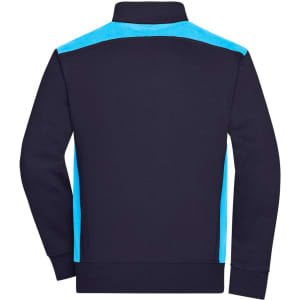 A navy blue workwear sweat jacket with light blue accents on the shoulders and collar, featuring a logo.