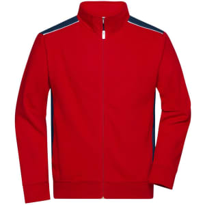 A red men's workwear sweat jacket with navy accents and a zip front. Features a logo on the chest.