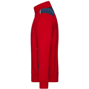 A red men's workwear sweat jacket with navy accents, featuring a side zip and a high collar. It includes a logo.