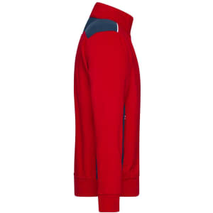 A red work jacket with a navy panel, featuring a high collar and long sleeves, has a logo on it.