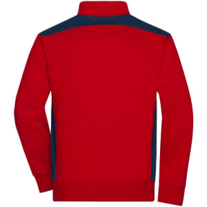 A red sweat jacket with navy accents, featuring a collar and long sleeves, includes a logo on the back.