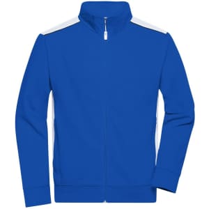 A blue men's workwear sweat jacket features white accents and a zip-up front. It has a logo on one side.