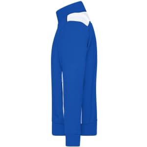 A blue sweat jacket with white accents, featuring a zip neck and a logo on the side.