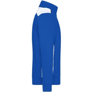 A blue men's workwear sweat jacket with white detailing, featuring a logo on the fabric.