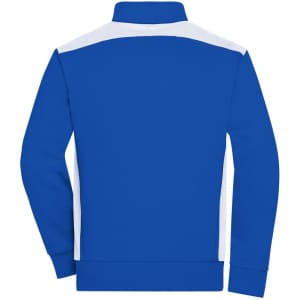 A blue men's workwear sweat jacket with white accents, featuring a collar and long sleeves. It includes a logo.