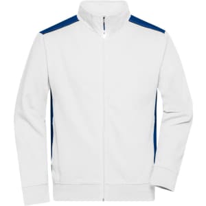 A white zip-up sweat jacket with blue accents on the shoulders and a high collar. Features a logo.