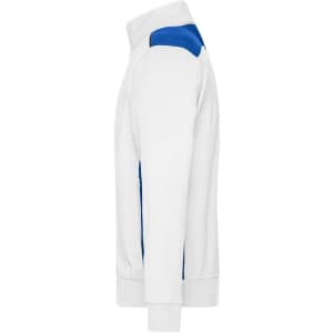 A white and blue men's workwear sweat jacket featuring a high collar and ribbed cuffs. It has a brand logo on the chest.