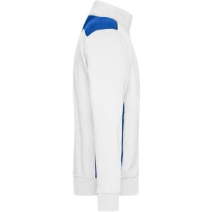 A white sweat jacket with blue accents, featuring a stand-up collar and ribbed cuffs, shown from the side.