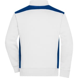 A men's workwear sweat jacket in white with blue accents on the shoulders and sides, featuring a logo.