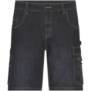 Denim bermuda shorts in dark blue with multiple pockets and a sleek design. Features a front button and branding logo.
