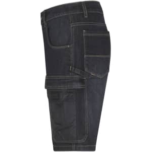 A pair of dark blue stretch Bermuda jeans with a cargo pocket on the side and visible stitching details.
