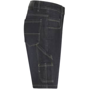 A pair of dark blue stretch Bermuda jeans with multiple pockets and visible stitching details.