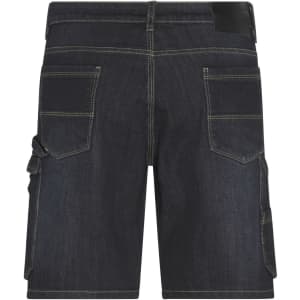 Dark blue work shorts featuring multiple pockets and a logo, designed for flexibility and durability.