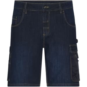 Workwear Stretch Bermuda Jeans in dark denim featuring pockets and a logo. Suitable for workwear.
