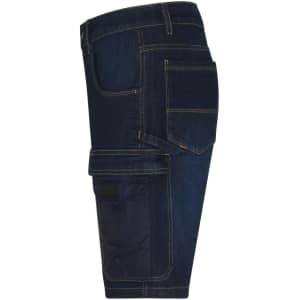A pair of dark blue denim Bermuda jeans with multiple pockets and contrasting stitching. Features a logo on the back.