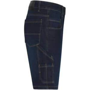 Workwear Stretch Bermuda Jeans in dark blue denim, featuring multiple pockets and a logo on the waistband.
