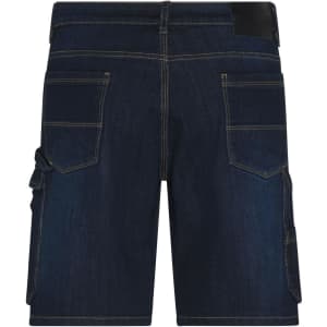 A pair of dark blue Bermuda jeans with multiple pockets, featuring a black waistband and a logo at the back.