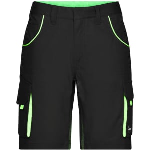 Black work shorts with green accents, featuring multiple pockets and a logo. Suitable for workwear.