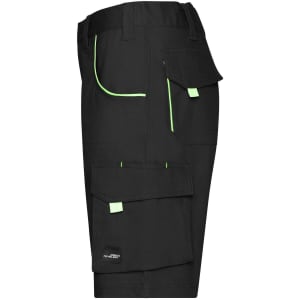 Black work shorts with green accents, featuring multiple pockets and a logo. Ideal for workwear.