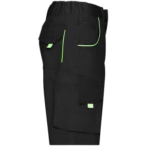 Black workwear bermudas featuring green accents and multiple pockets, with a logo on the side.