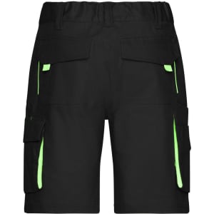 Black work shorts featuring multiple pockets and bright green accents. The back view showcases a utility design and logo.