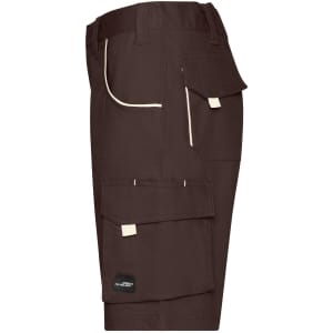 Brown workwear bermudas with pockets and a logo, designed for durability and functionality.