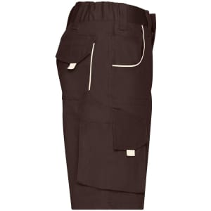 Brown work shorts featuring multiple pockets and an elastic waistband. The design includes contrasting piping and a logo.