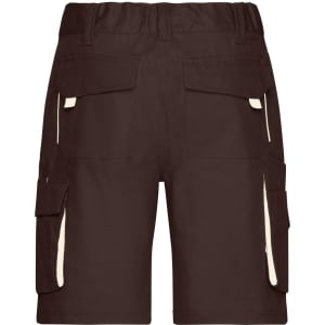 Workwear bermudas in dark brown, featuring multiple pockets and contrasting detailing. Includes a logo on the garment.