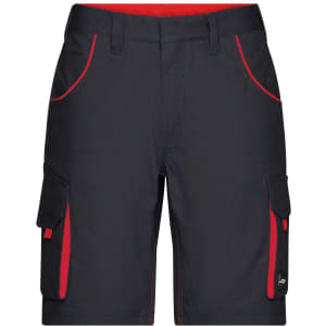 Workwear Bermudas in black with red detailing, featuring multiple pockets and a logo. Ideal for work settings.