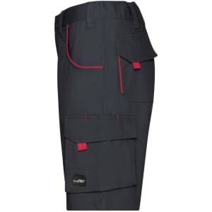 A pair of dark grey work shorts featuring red accents, with multiple pockets and a logo.
