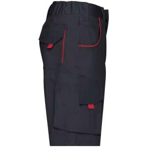 A pair of black bermuda work shorts with red accents and multiple pockets, featuring a logo.