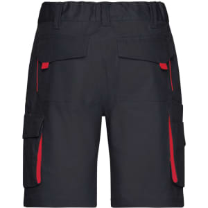 Black work shorts featuring red accents and multiple pockets. The image displays the back view of the shorts.