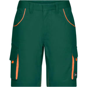 Workwear bermudas in deep green with orange accents, featuring multiple pockets and a branded logo.