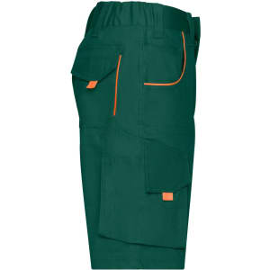 Workwear Bermudas in dark green with orange accents, featuring multiple pockets and a flexible waistband.