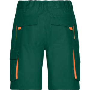 Workwear Bermudas in dark green with orange accents and multiple cargo pockets. Features a branded logo.