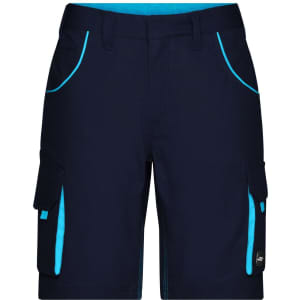 Workwear Bermudas in navy with bright blue accents, featuring multiple pockets and a logo. Ideal for warm weather.