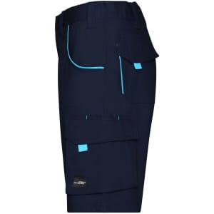A navy work short featuring blue accents, multiple pockets, and a branded logo.