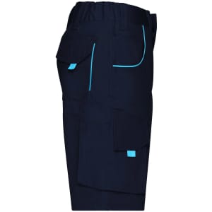 Navy workwear bermudas featuring contrasting light blue accents and multiple pockets on the side.