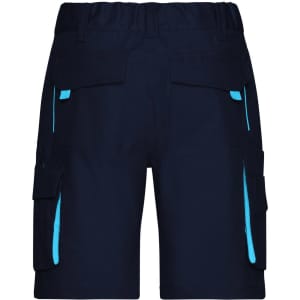 Navy work shorts featuring multiple pockets and light blue accents. Includes a waistband for comfort and ease of wear.
