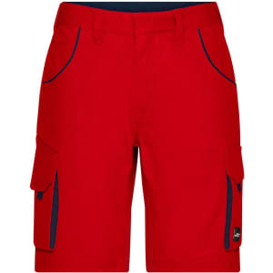 Red work shorts featuring cargo pockets and contrasting navy detailing. Includes a logo on the fabric.