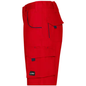 Red work shorts with multiple pockets and a logo, featuring a casual design suitable for workwear.