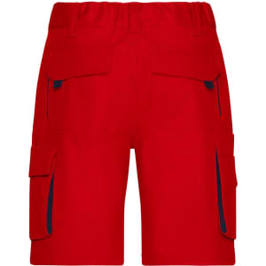 A pair of red Bermudas featuring multiple pockets and a waistband, designed for workwear use.