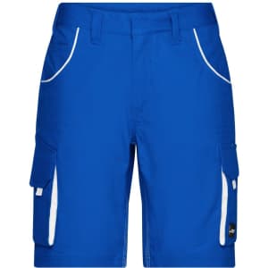 A pair of blue work shorts featuring cargo pockets and white piping details. The garment includes a branding logo.