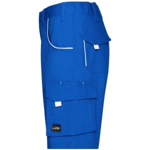 Blue work shorts featuring multiple pockets and a logo. Tailored for durability and functionality.
