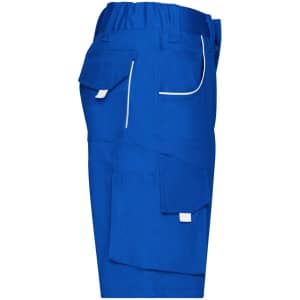 Bright blue work shorts featuring multiple pockets and an elasticised waistband; includes branding.