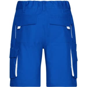 Blue work shorts with multiple pockets and a stretchy waistband. Features a logo on the garment.