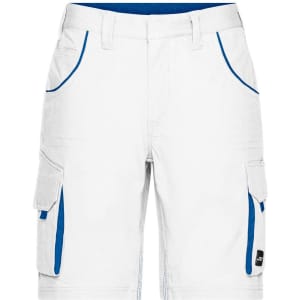 Workwear bermuda shorts in white with blue accents, featuring multiple pockets and a logo.