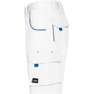 White work shorts with blue accents, featuring multiple pockets and a logo. Ideal for various work environments.