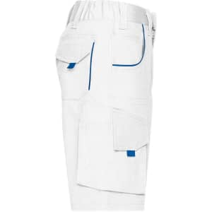 White workwear bermudas featuring multiple pockets and blue accents, designed for durability and functionality.