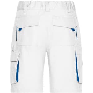 White work shorts featuring blue detailing and multiple pockets, with an elastic waistband for comfort.